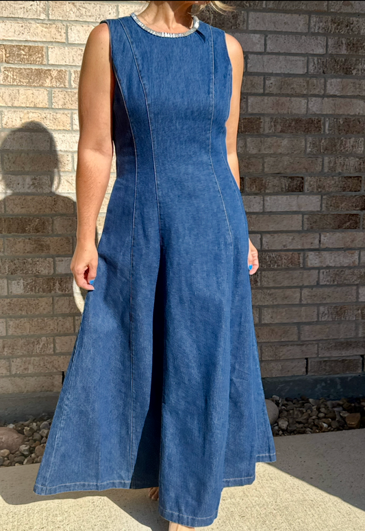 🎉 Pink Friday Bejeweled Denim Dress